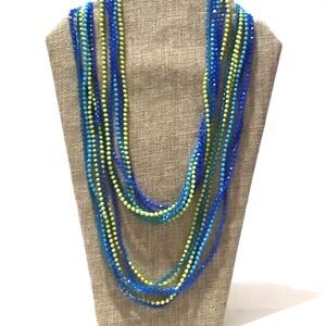 Vintage Mid Century Blue and Green Long Fused Bead Multi Strand Necklace 50 Inch